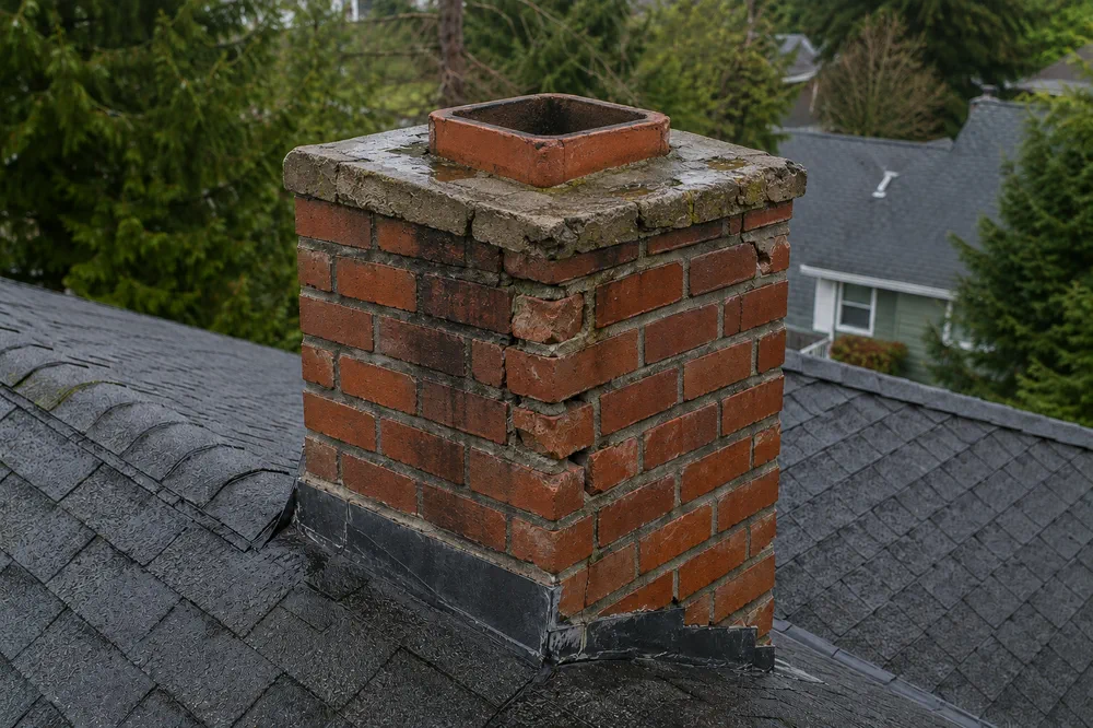 A chimney with a cracked crown, spalling brick and no cap