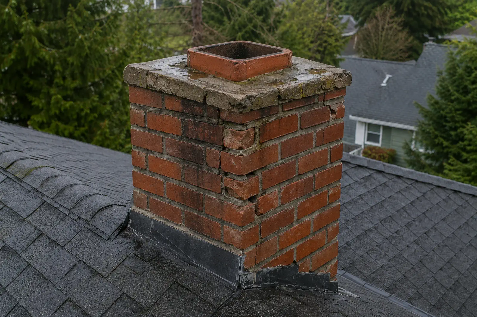 A chimney with a cracked crown, spalling brick and no cap
