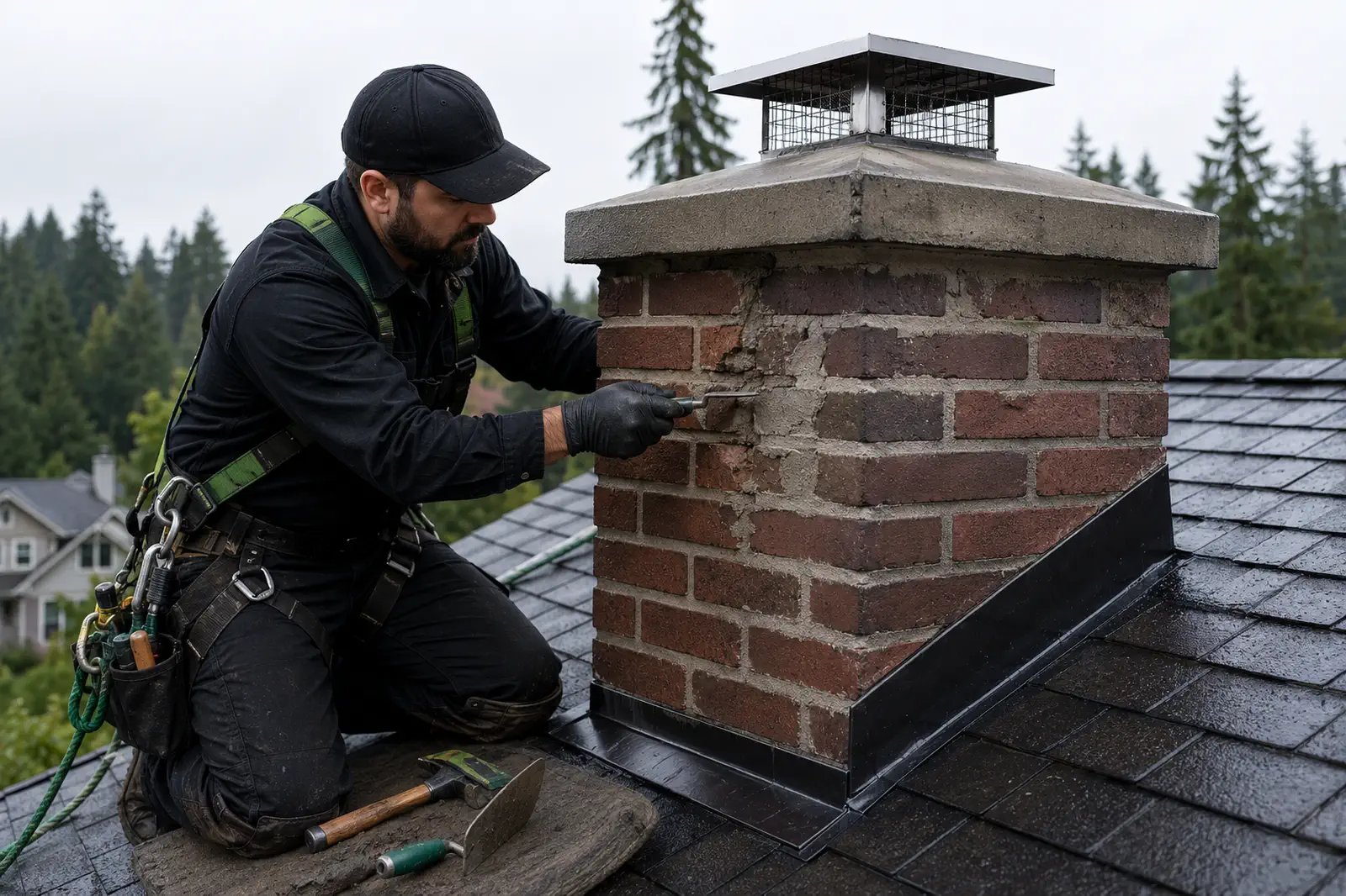 Technician repointing mortar joints on a brick chimney