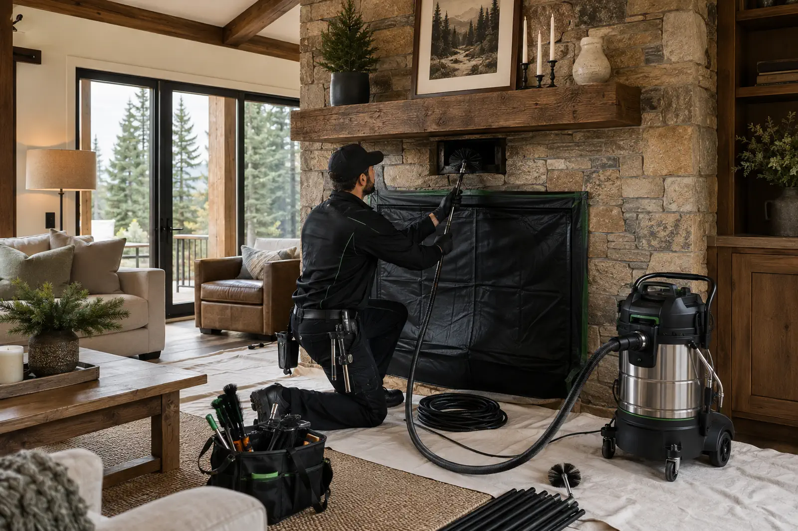 Technician sweeping a flue with the fireplace opening sealed and the floor covered