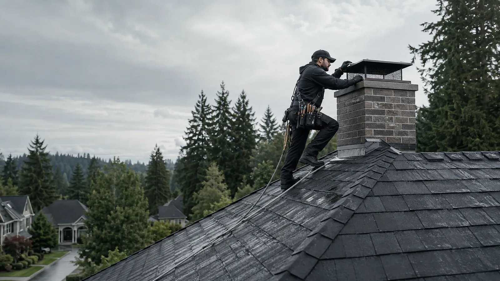 Technician inspecting a chimney cap above a Washington rooftop
