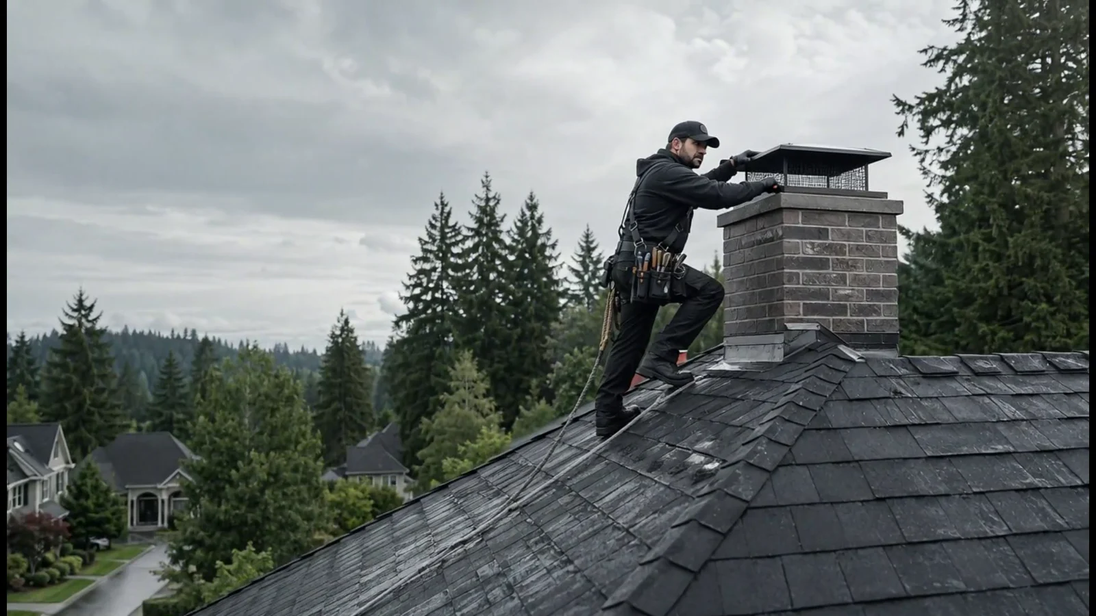 Evergreen technician working on a chimney cap above a Washington rooftop